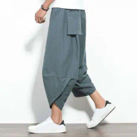 New Men Pants Drawstring Joggers Samurai Trousers Cropped Pants Daily Clothes