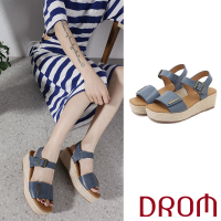 【DROM】厚底涼鞋 坡跟涼鞋/復古歐美時尚經典設計草編坡跟厚底涼鞋(藍)
