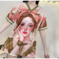 เสื้อคอวีลายแมวใหม่ T24 มีขนาด XS-6XL (ผู้หญิง-ผู้ชาย) ไม่มีกางเกง