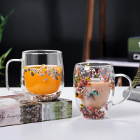 1 Piece Creative Double Wall Glass Mug Cup with Dry Flower Sea Snail Conchs Glitters Fillings for Coffee Juice Milk cup