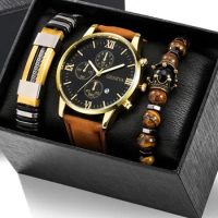 New Men Watch Luxury Bracelet Set Men's Geneva Roman False Three Eyes Calendar Belt Business Atmosphere Quartz Case Wrist Watch