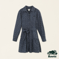 Roots女裝-舒適生活系列 刺繡海狸LOGO有機棉拼接襯衫洋裝-軍藍色