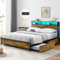 King Size Bed Frame with 4 Storage Drawers and Bookcase Headboard, LED Bed Frame with Outlets and USB Ports, Metal Platform Bed