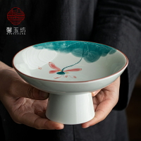 手繪中式高腳茶點盤水果盤日式點心干果碗陶瓷托盤禪意零食小碟子