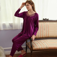 睡衣 彈性珍珠絲質 長袖兩件式睡衣【57203】葡萄紫-台灣製造 蕾妮塔塔