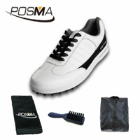 高爾夫球鞋 男士牛皮無釘鞋 防水透氣休閒鞋 運動鞋   GSH037 白 黑  配POSMA鞋包 2合1清潔刷   高爾夫球毛巾