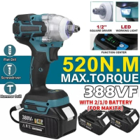 520N.M Brushless Cordless Electric Impact Wrench 1/2 inch Lithium ion Battery 18V Compatible Makita for car repair truck repair