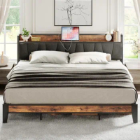 King Size Bed Frame, Storage Headboard with Charging Station, Solid and Stable, Noise Free, No Box Spring Needed, Easy