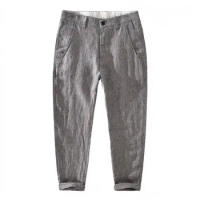 Summer Thin Casual Linen Men's Pants Small Feet Cropped Pants Slim Fit Yarn-dyed Cotton Linen Pants Trendy Linen Pants