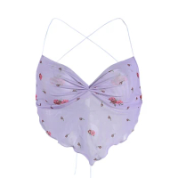 Boho Chic Floral Print V-Neck Halter Top with Irregular Hemline and Backless Design for Women s Summer Fashion