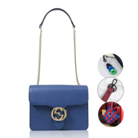 【GUCCI 古馳】簡約經典雙G LOGO肩斜手挽三用晚宴包鍊包(藍 買就送BV隨機吊飾鑰匙圈)