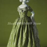 From 1840s Evening Gowns Green Round Neck Lace Appliqué Short Sleeve Dresses Satin Corset Victorian Evening Gowns
