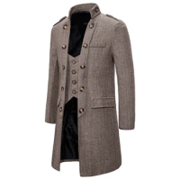 British Style Men's Trench Coat, Classic Long Overcoat with Fake Two-piece Plaid Woolen, Ideal for Dress or Casual Wear
