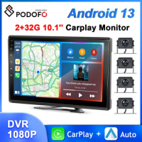 Podofo 10.1'' Android Car Monitor 2+32G DVR Dashboard Carplay Android auto 1080P 4 Cameras IP68 Waterproof WIFI Drive Recorder