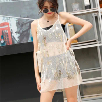 H80&amp;S90 New Women Sexy Fashion Embroidered Sequin Bead Dress Ladies' V-Neck See Through Sleeveless Dress Female Mini Dress Tops