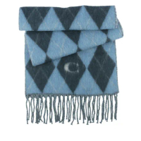 【COACH】C Logo 拼色菱格紋羊毛圍巾(霧藍/深藍色)