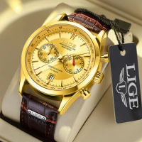 LIGE Fashion Men Watch Luxury Brand Sport Watch For Men Chronograph Quartz Wristwatch Military Waterproof Leather Band Clock