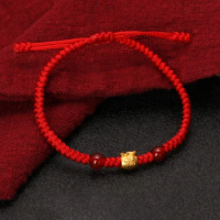 Real Pure 999 24K Yellow Gold Bracelet 3D Lucky Bag Red Cord Knitted Bracelet