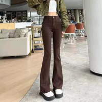 棕色高腰微喇牛仔褲女顯瘦小喇叭褲馬蹄褲子(XL碼) #DADADI#Y12-02867 