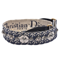 Dior 經典OBLIQUE緹花布復古銀色金屬飾章肩背帶(藍)