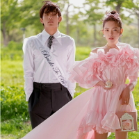 2022展會新款影樓主題婚紗桔粉色緞面年會表演韓式長款拖尾晚禮服