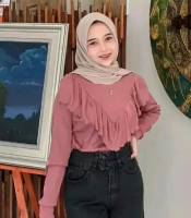 Kaos Lengan Panjang Blouse Rumbai V / Knit Azura Rumbai Cotton Rib