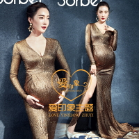 2020新款影樓主題大牌名媛拍攝媽咪寫真孕婦裝魚尾金色孕婦禮服