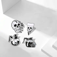 Gothic Skeleton enamel pin Rose Skull Coffee Pot Pizza badge brooch Lapel pin Denim Jeans shirt bag Cool Jewelry Gift for friend