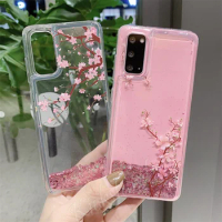 Pink Cherry Blossom For Samsung Galaxy S21 Ultra 5G S9 S10 S20 Plus A12 A22 A32 A52 A72 Note 10 8 Case Glitter Liquid Quicksands
