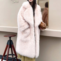 winter new Environmentally friendly Finnish fox fur long loose collar pink fur coat for women's warm large pocket coat 2024