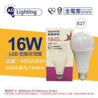 【ADATA 威剛】3入組 LED 16W 3000K 黃光 E27 全電壓 節能 球泡燈 _ AD520030