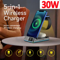 30W 5 in 1 Wireless Charger Stand For iPhone 14 13 12 Samsung S21 S20 Galaxy Apple Watch 8 7 Airpods Fast Charging Dock Station