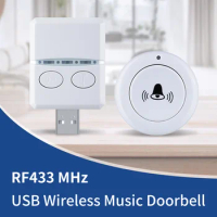 RF 433MHz Wireless Doorbell DC 5V USB Remote Controll Receiver Round Single Button Transmitter Door Bell Calls 30 Ringtongs