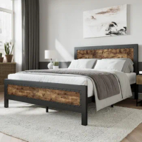 Complete set of gray metal king size bed frame/industrial wooden table bed with rivet headboard/no need for spring box