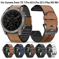 Quickfit Leather Silicone Band For Garmin Fenix 7 7X 6 6X Pro 5 5X Plus Strap 26/22mm Watchband For Garmin 955 965 945 Bracelet
