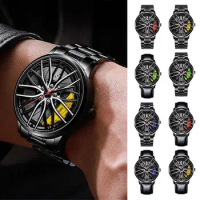 Men Quartz Watch Round Hidden Clasp Chronograph with Car Wheel Rim Hub Design Automatic Quartz Wristwatch Classic Male Clock