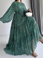 Eid มุสลิม Abaya ชุดผู้หญิงพิมพ์ชีฟอง Sashes Jalabiya Kaftan อิสลาม Vestidos Largo อาหรับยาว Robe รอ