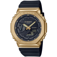 【CASIO 卡西歐】G-SHOCK 奢華黑金 金屬八角防護構造雙顯錶 畢業 禮物(GM-2100G-1A9/速)