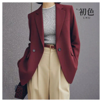 【初色】通勤純色單扣式西裝領長袖西裝外套女外套-安可拉紅色-39419(M-2XL可選)