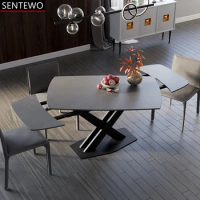 SENTEWO Modern Rectangular Extendable Dining Table With Rock Slab Veneer Top 4 6 8 Chairs Set Carbon Steel Base Folding Tables