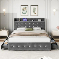 King Size Bed Frame, Upholstered Platform Bed Frame with Trundle and 4 Storage Drawers,Headboard, Wooden Slats Support Bed Frame