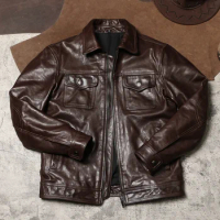 Cargo Multi-pocket Leather Jacket Spring and Autumn Vintage Batik Goatskin Jacket Men's Lapel Slim Biker Leather Jacket