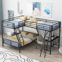 Twin over Full Bunk Bed with a Twin Size Loft Bed attached,Kids bed with a Desk,Black Metal bed,for bedroom