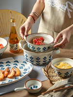 復古小藍花雙耳碗盤餐具家用創意湯碗陶瓷飯碗菜盤子面碗魚盤