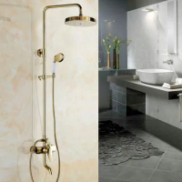 Shower Faucets Gold Brass Bathroom Shower Mixer Tap Faucet Set Rain Shower Head Round Wall Mounted Bathtub Faucet agf315