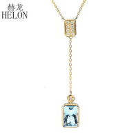 HELON Emerald Cut 5x7mm 1ct Natural Aquamarine Solid 18K Yellow Gold Necklace Pendant Collarbone chain Women Diamonds Jewelry
