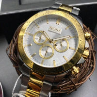 【BOSS】BOSS伯斯男錶型號HB1512960(白色錶面金色錶殼金銀相間精鋼錶帶款)