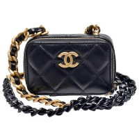 【CHANEL 香奈兒】經典仿舊雙C LOGO菱格紋小羊皮粗鍊帶斜背小包(迷你-黑色AP2738L-BLK-GPN)