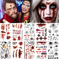 New Halloween Face Bloody Absurd Tattoo Stickers Zombie Scars Tattoo With Fake Scab Blood Temporary Tattoos Transfer Sticker