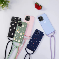 Silicone Lanyard Case For Xiaomi Redmi 12 4G Cute Flower Love heart butterfly Neck Strap Rope Cord Soft Cover For Redmi12 Shell